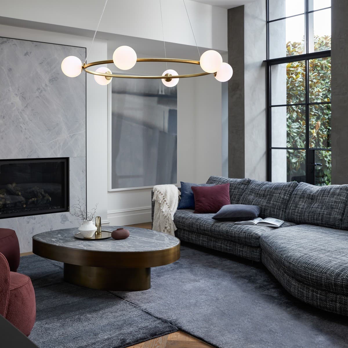 Helix 6 Light Pendant in Brass with Frosted Opal Glass-img-3