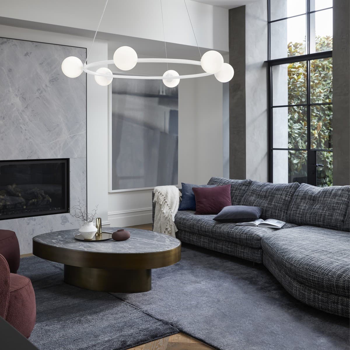 Helix 6 Light Round Pendant in Textured Chalk with Frosted Opal Glass