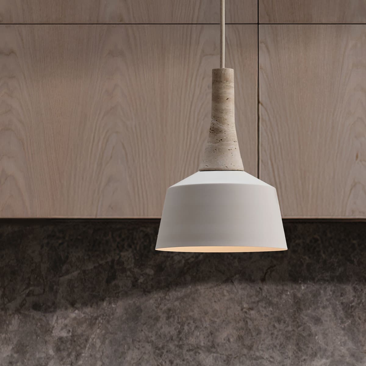 Husk 1 Light 205mm Pendant in Beige with Natural Travertine-img-3