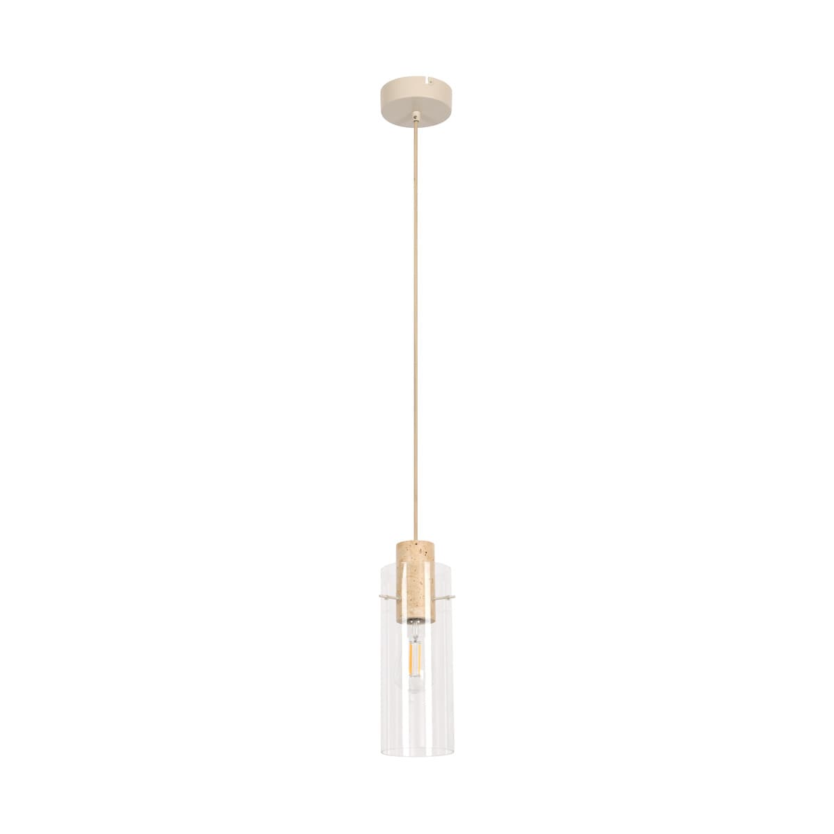Auckland 1 Light Pendant in Beige with Travertine and Clear Glass