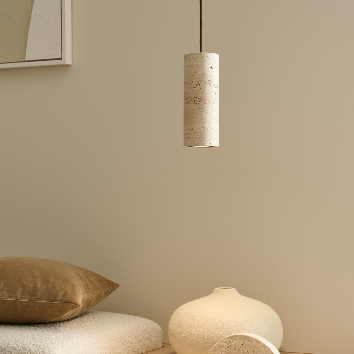 Traviato 1 Light Cylinder Pendant in Travertine with Bronze Details-img-3