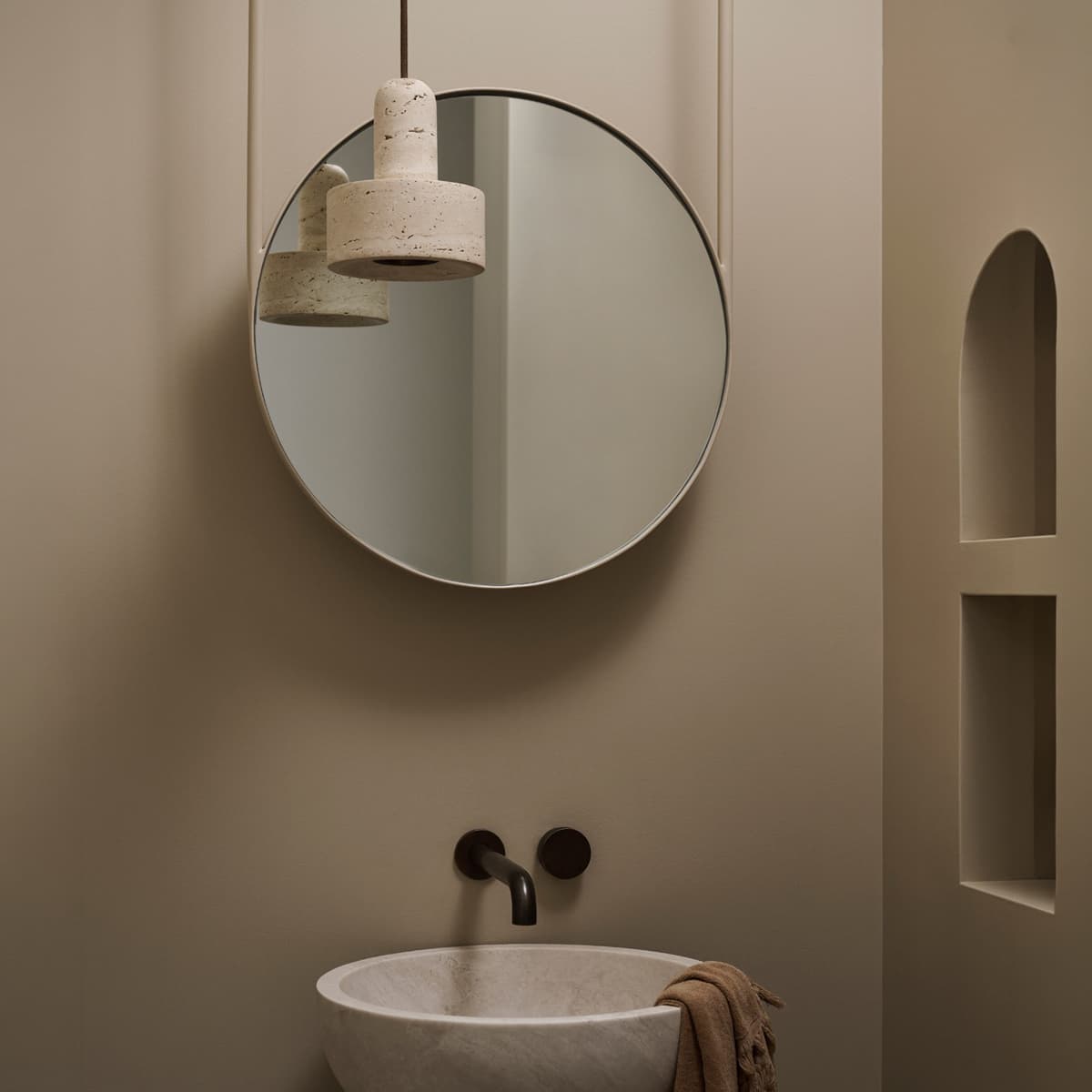 Traviato 1 Light Squat Pendant in Travertine with Bronze Details