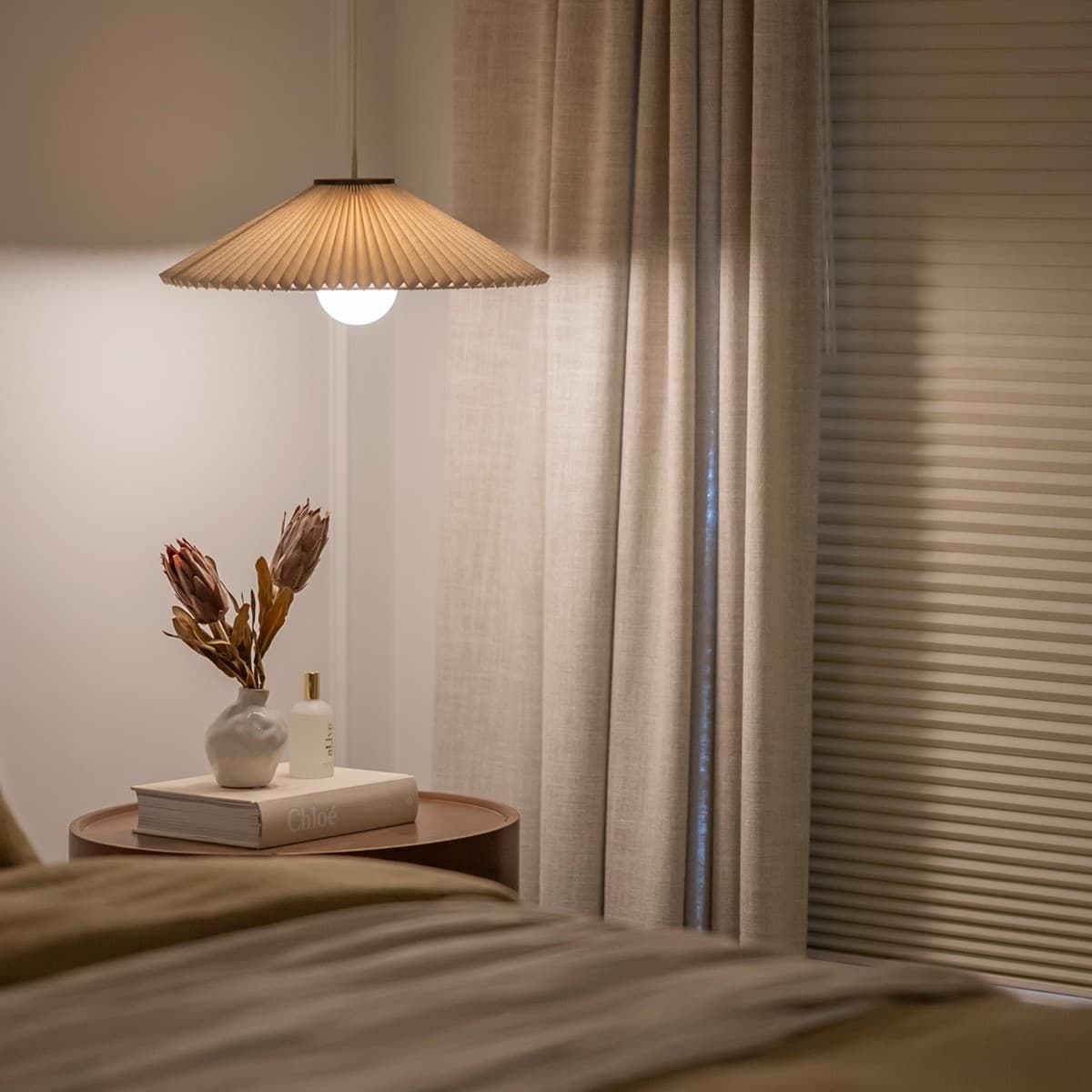 Amore 1 Light Medium Pendant in Bronze with Pleated Natural Linen-img-2
