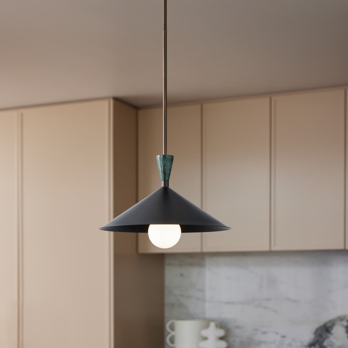 Campari 1 Light Pendant in Black with Green Marble and Bronze Details-img-2