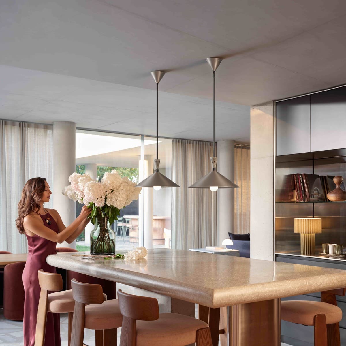 Campari 1 Light Pendant in Brushed Nickel with Silver Travertine and Textured Black Details-img-5