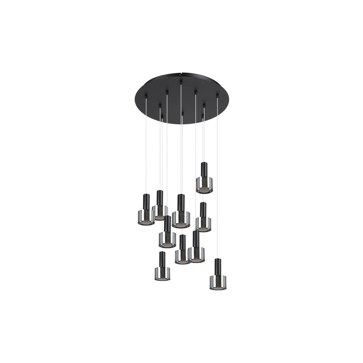 Pharos 10 Light LED Pendant in Black with Smoke Glass