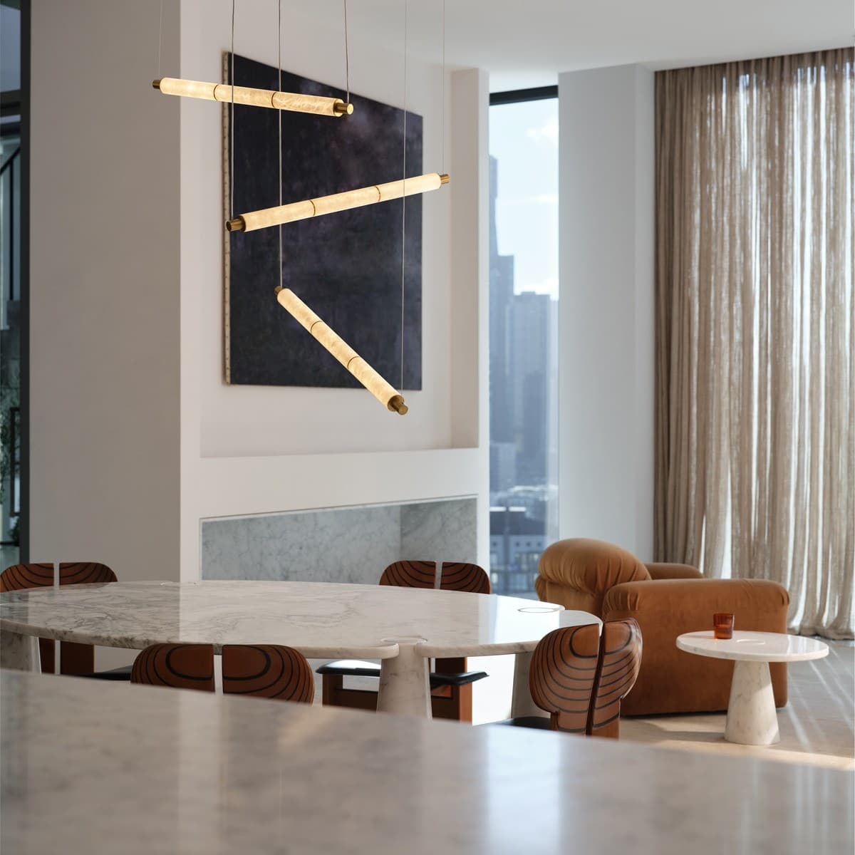 Made by Mayfair Cadence 3 Light LED Colour Switching Trapeze Pendant in Aged Brass with Spanish Alabaster-img-2