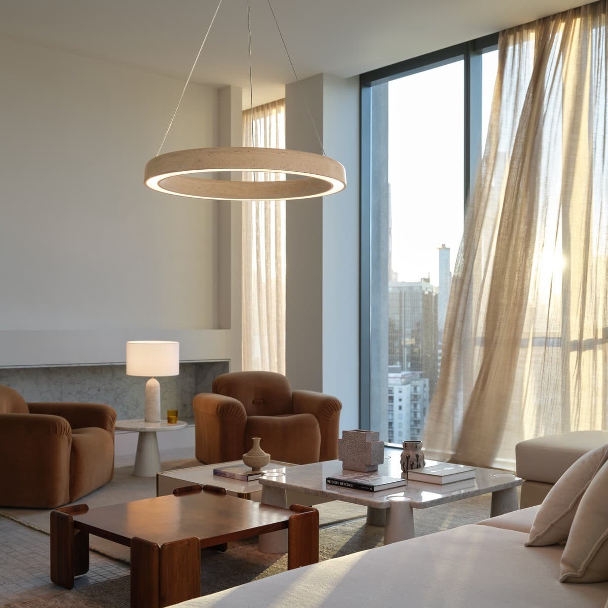 Selene 820mm Round LED Colour Shifting Pendant in Natural Travertine-img-2