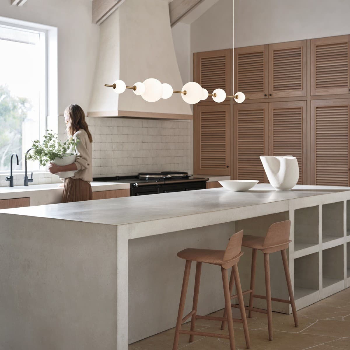 Abacus 8 Light LED Colour-Shifting Linear Pendant in Aged Brass with Gloss Opal Glass-img-2