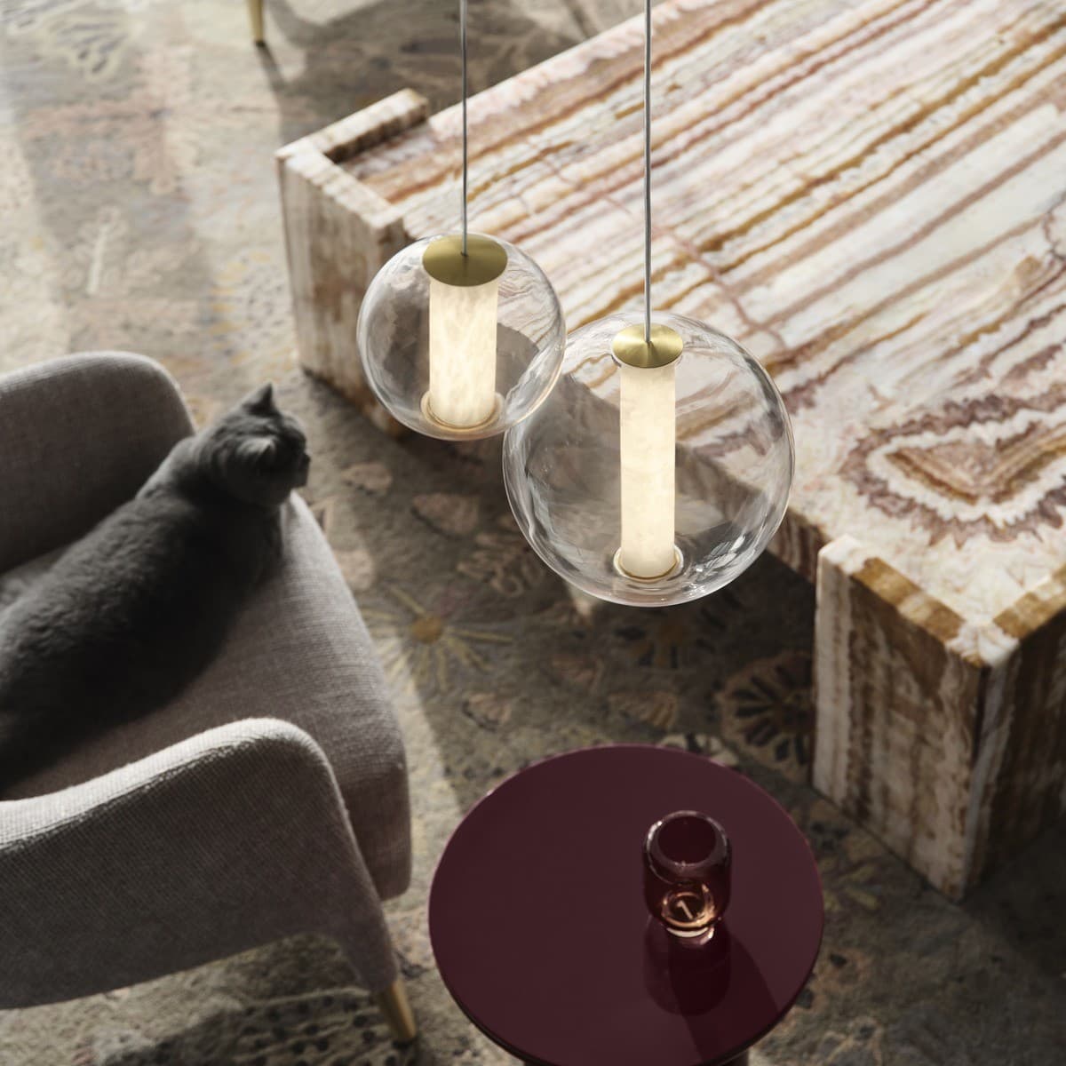 Made by Mayfair Encanto Small LED Colour-Shifting Pendant in Aged Brass with Spanish Alabaster and Clear Glass-img-2