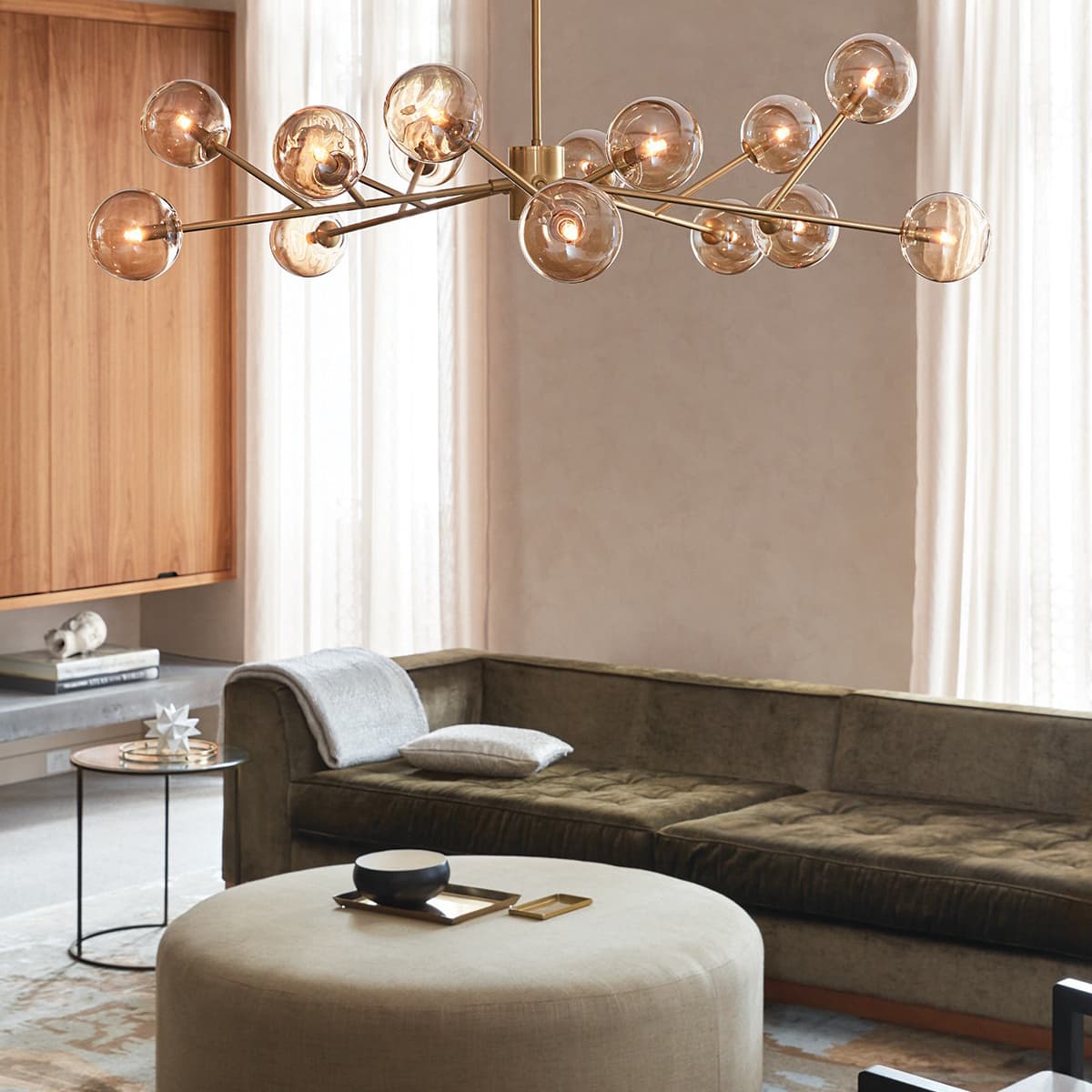 Orion 15 Light Pendant in Brass with Amber Glass