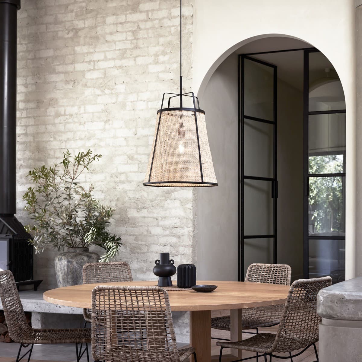 Hayes 1 Light Large Pendant in Black with Natural Rattan-img-2