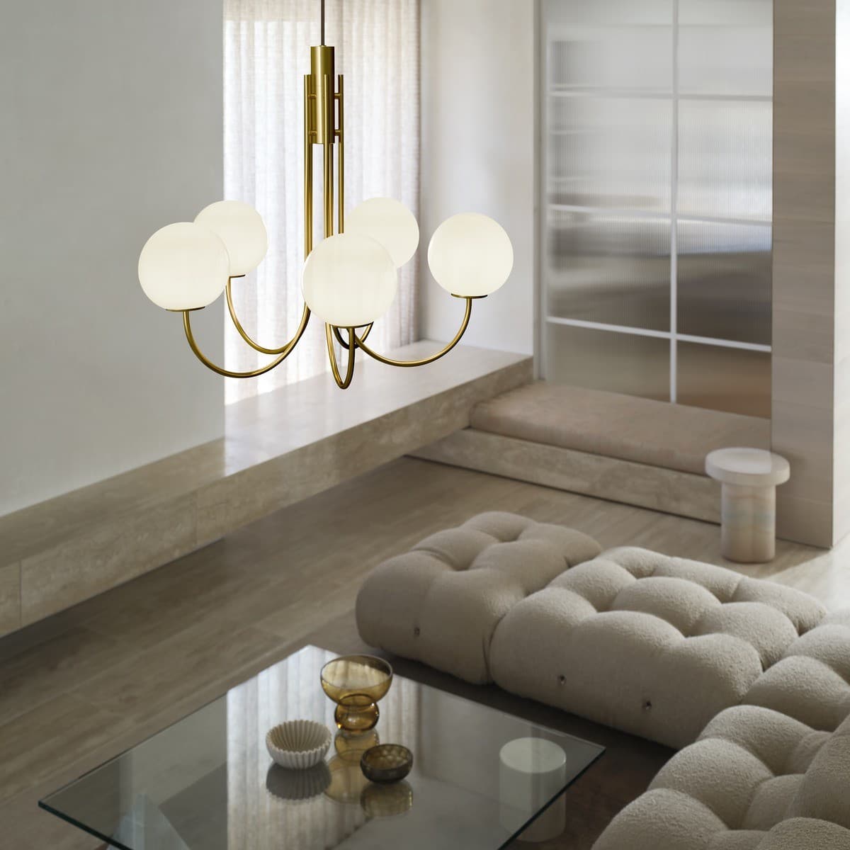 Bellini 5 Light Pendant in Aged Brass with Gloss Opal Glass-img-2