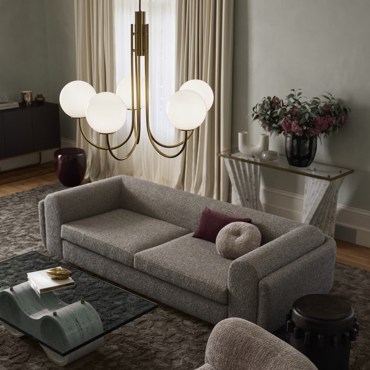 Bellini 5 Light Pendant in Aged Brass with Gloss Opal Glass-img-3
