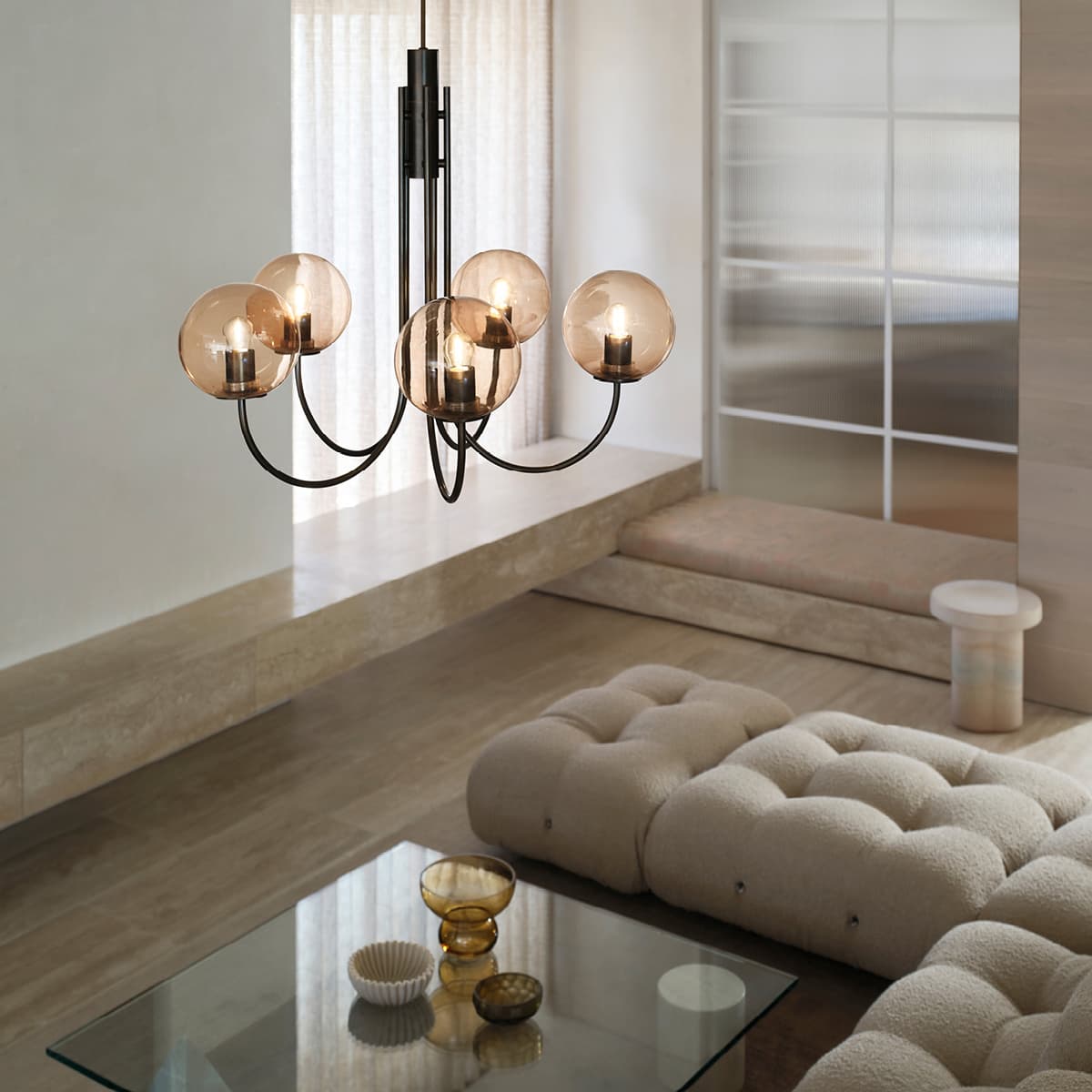 Bellini 5 Light Pendant in Bronze with Sepia Glass