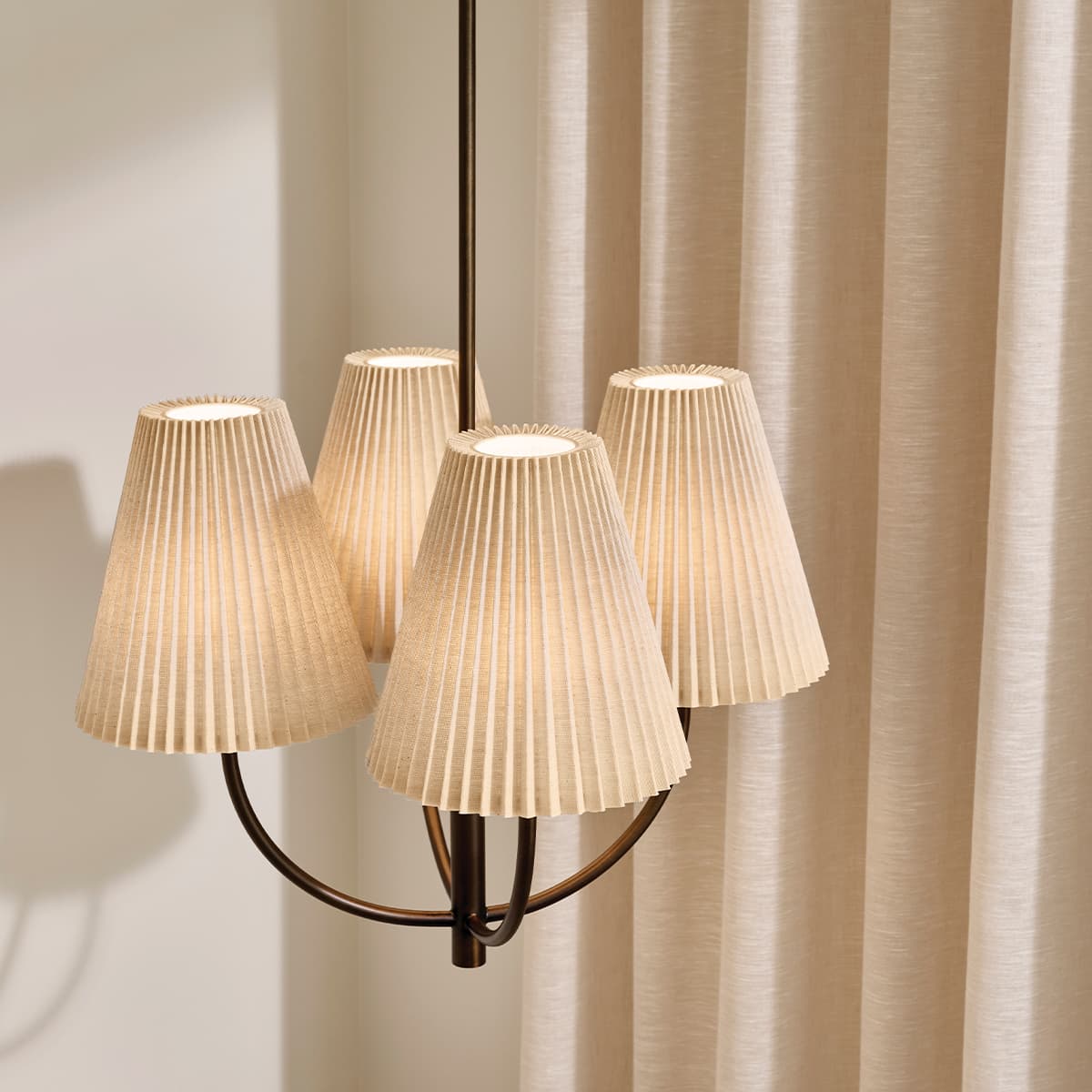 Hoxton 4 Light Pendant in Bronze with Pleated Natural Linen