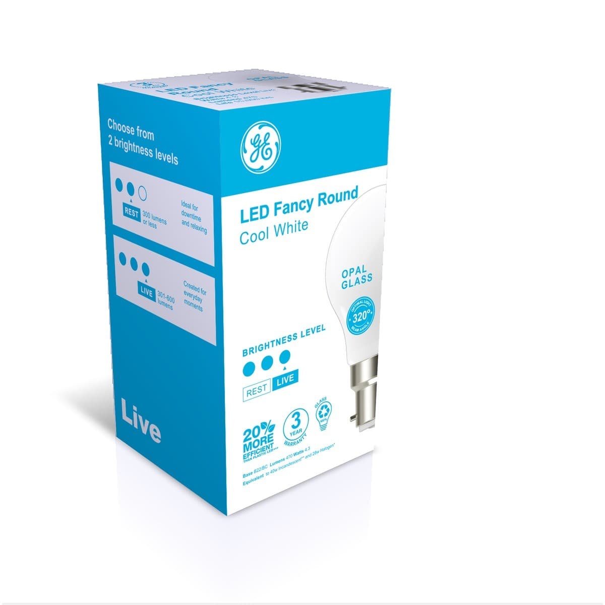 GE 4.3W LED Opal BC Fancy Round Cool White Globe-img-2
