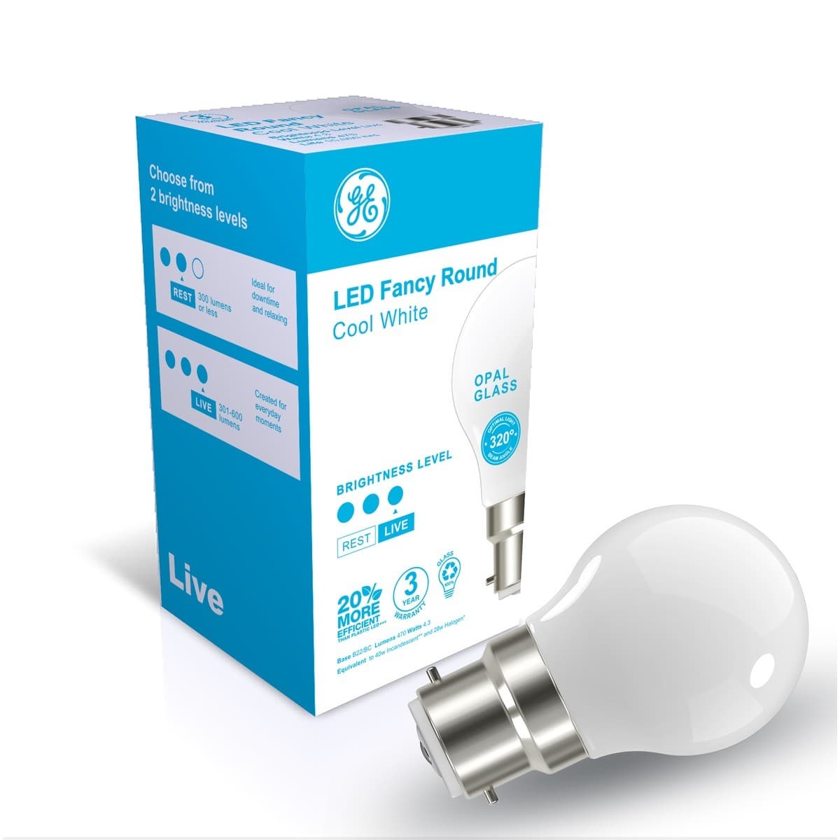 GE 4.3W LED Opal BC Fancy Round Cool White Globe-img-3