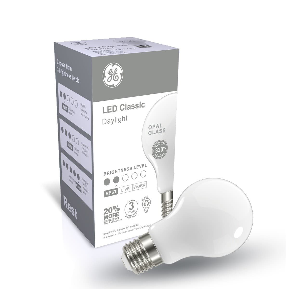 GE 4.3W Glass Opal ES LED GLS Globe in Day Light