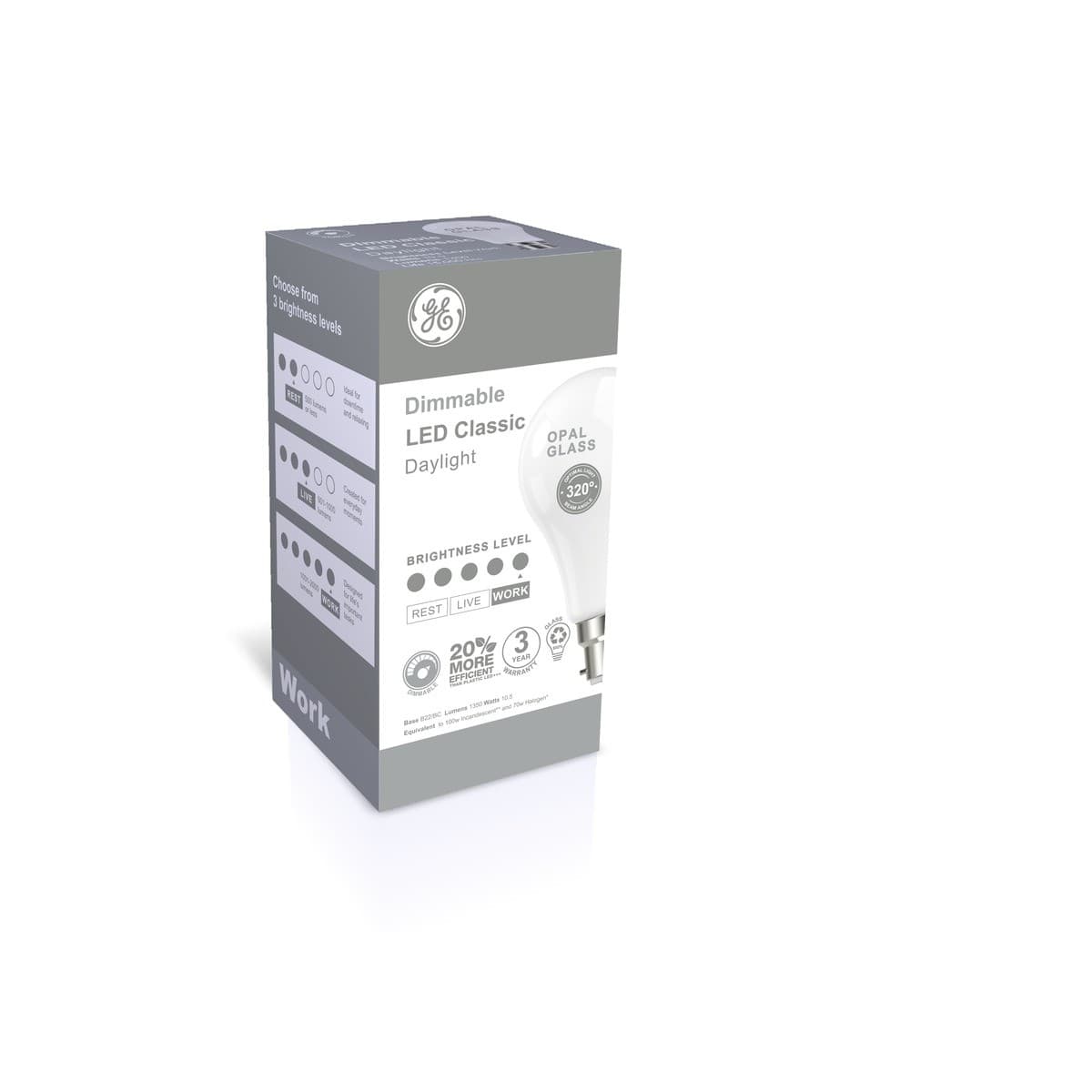 GE 10.5W Glass Opal BC LED GLS Dimmable Globe in Day Light