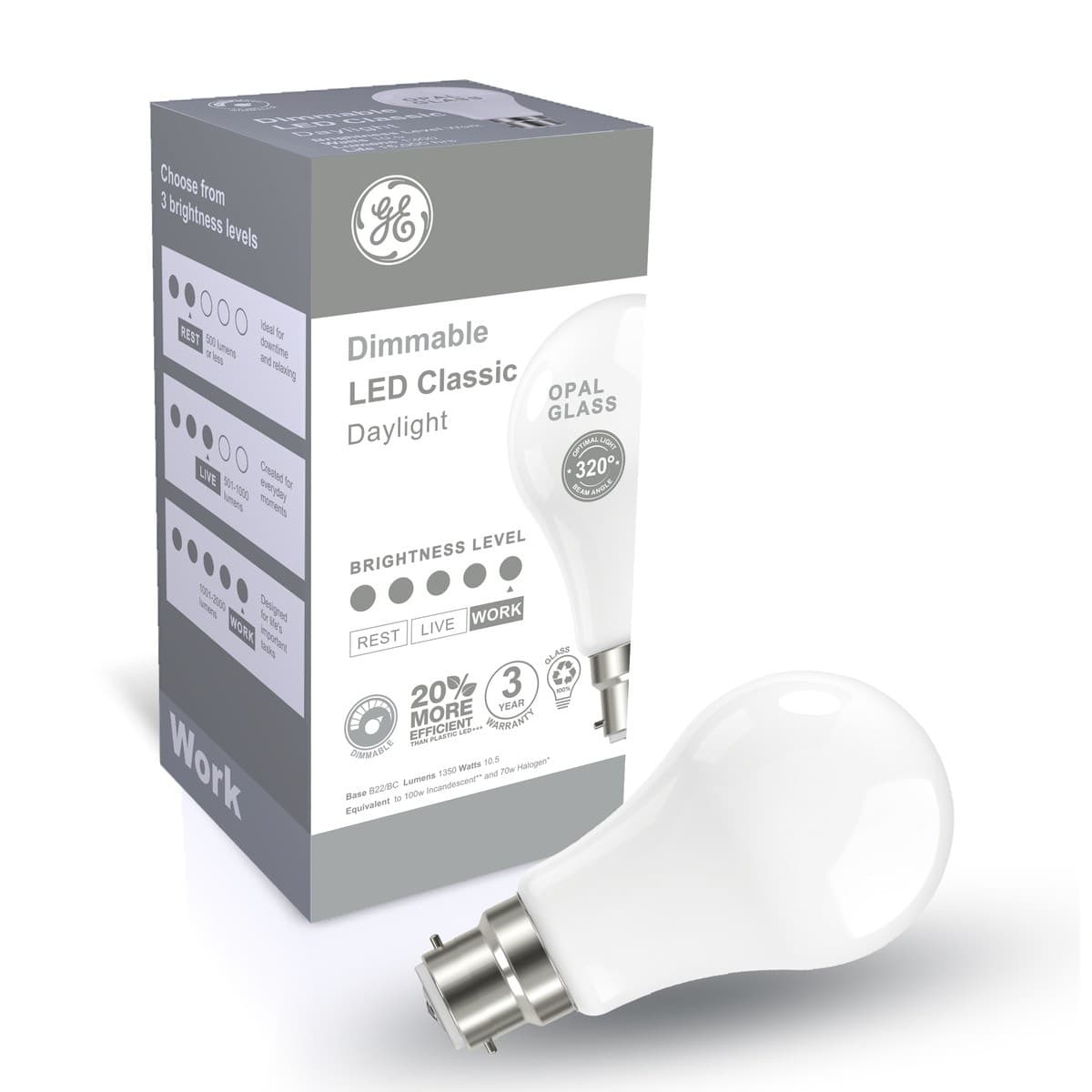 GE 10.5W Glass Opal BC LED GLS Dimmable Globe in Day Light