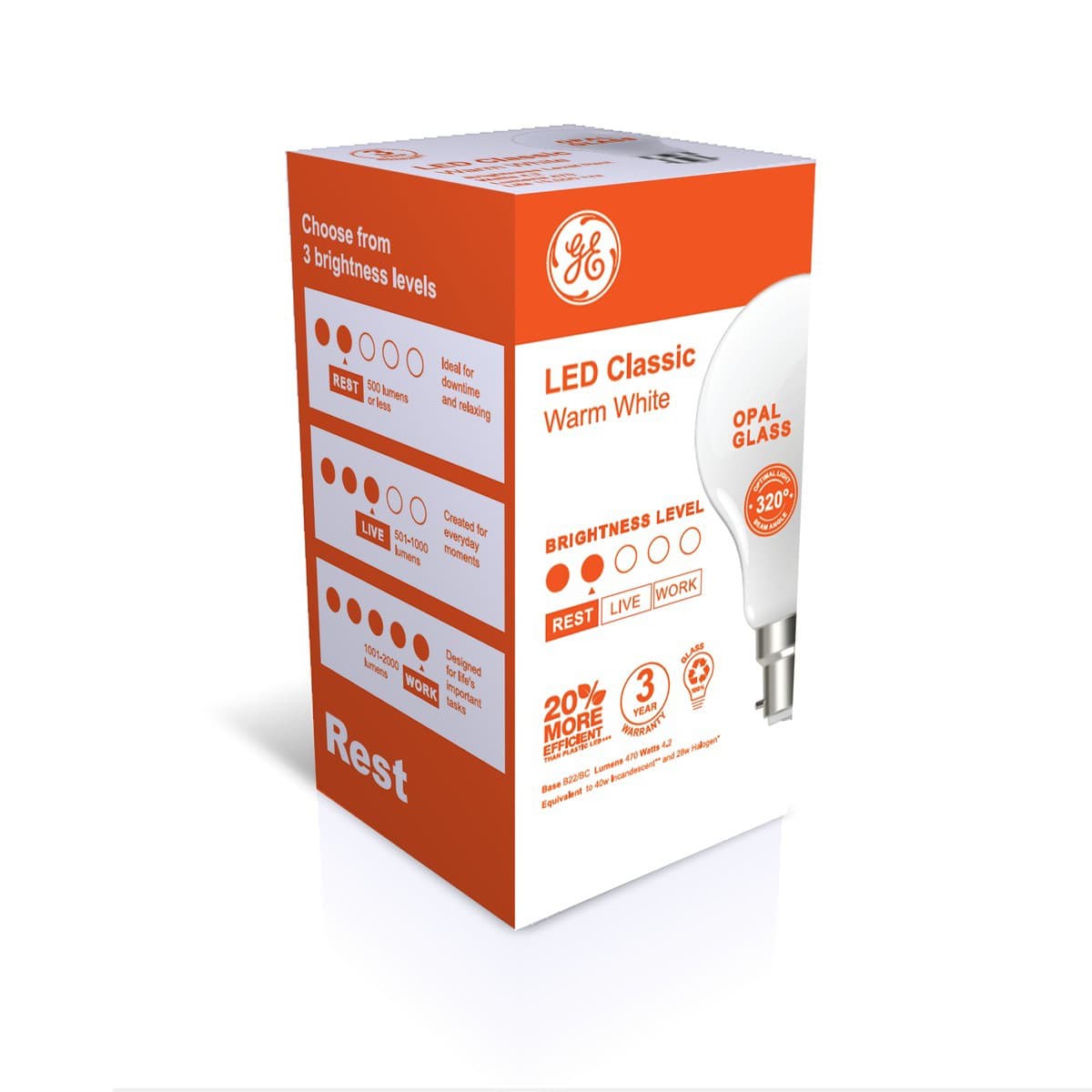 GE 4.3W Glass Opal BC LED GLS Globe in Warm White-img-2