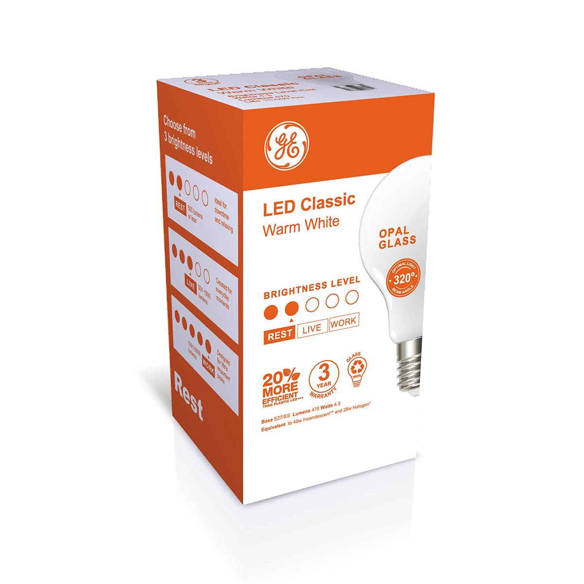 GE 4.8W Glass Opal ES LED GLS Globe in Warm White-img-2