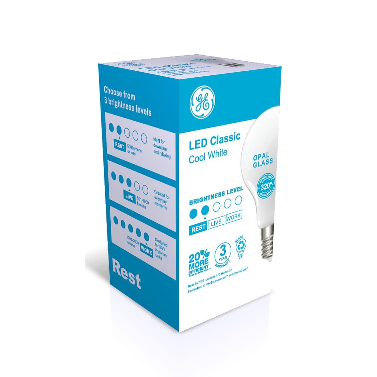 GE 4.3W Glass Opal ES LED GLS Globe in Cool White-img-2