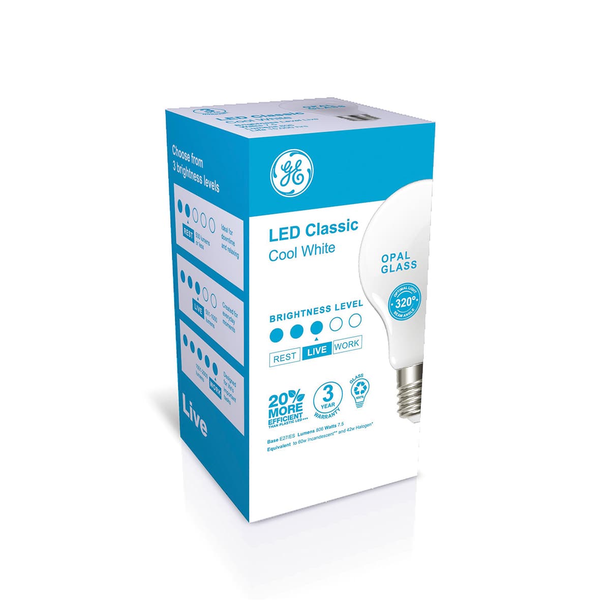 GE 7.5W Glass Opal ES LED GLS Globe in Cool White-img-2
