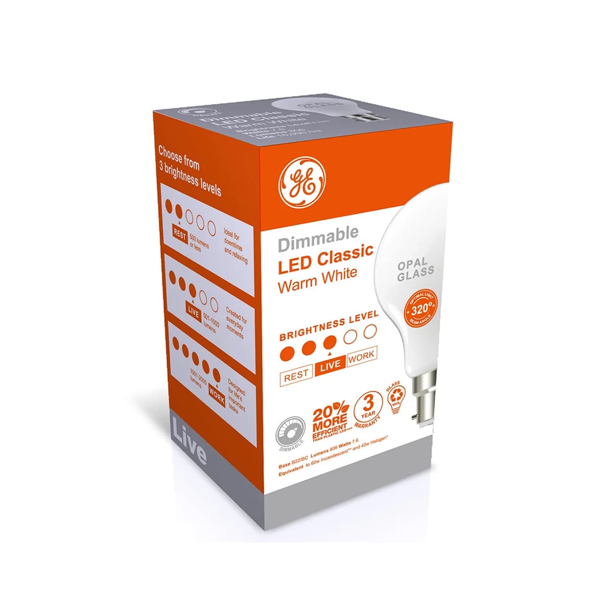 GE 7.6W Opal Dimmable LED GLS BC Globe in Warm White-img-2