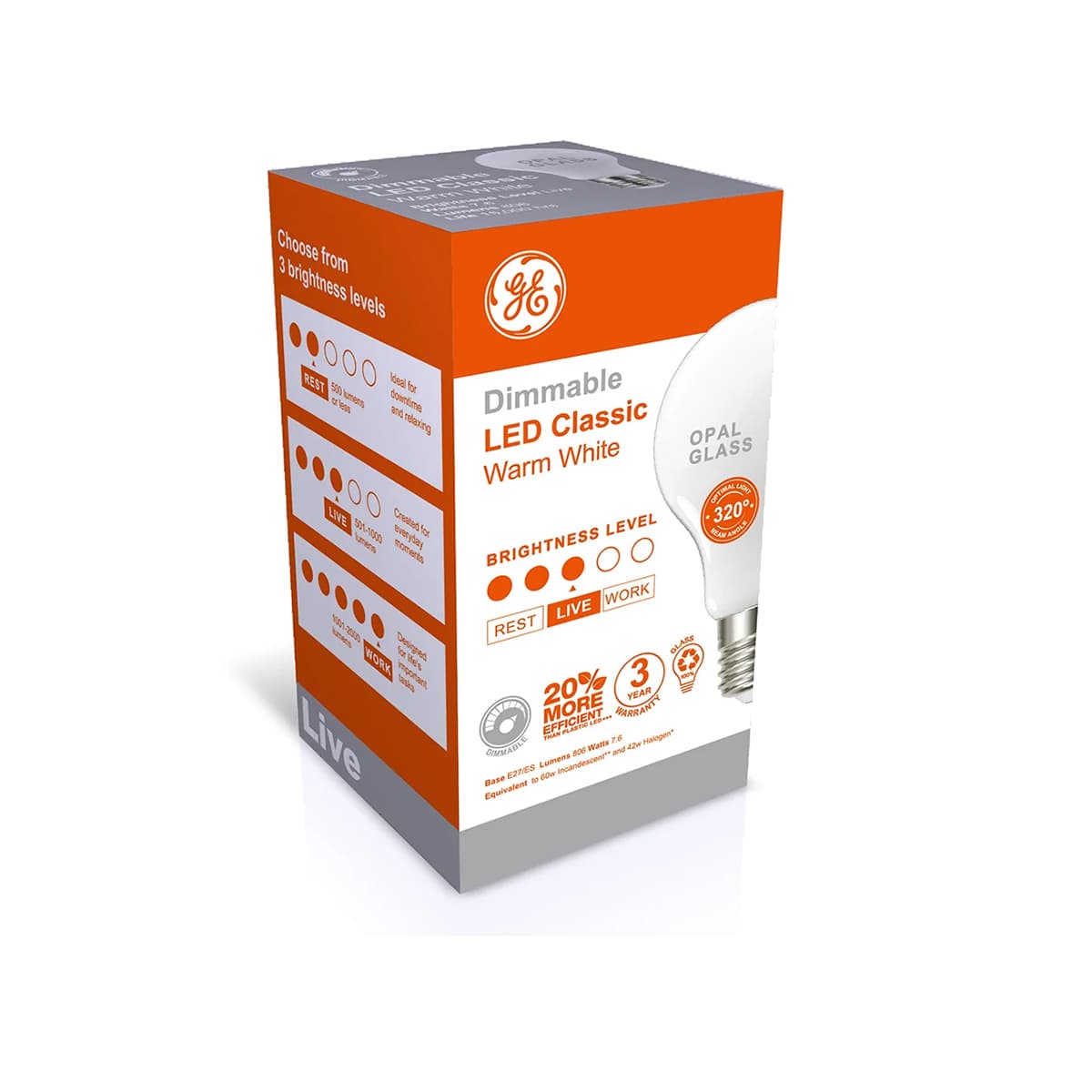GE 6.5W Glass Opal Dimmable LED GLS ES Globe in Warm White-img-2