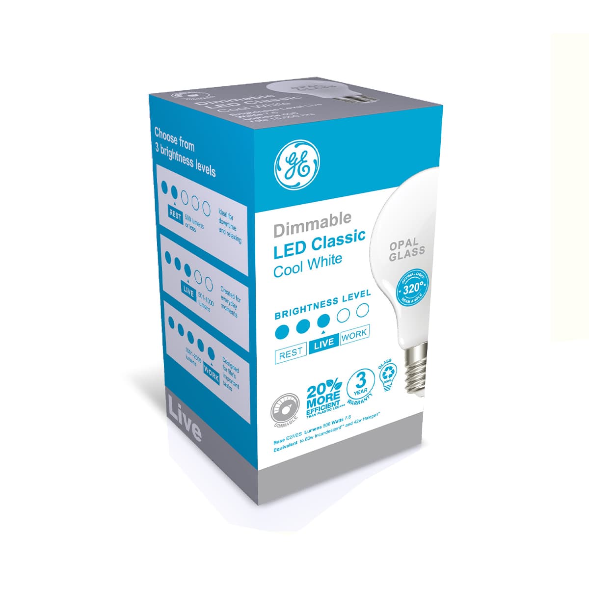 GE 7.6W Glass Opal Dimmable LED GLS ES Globe in Cool White-img-2