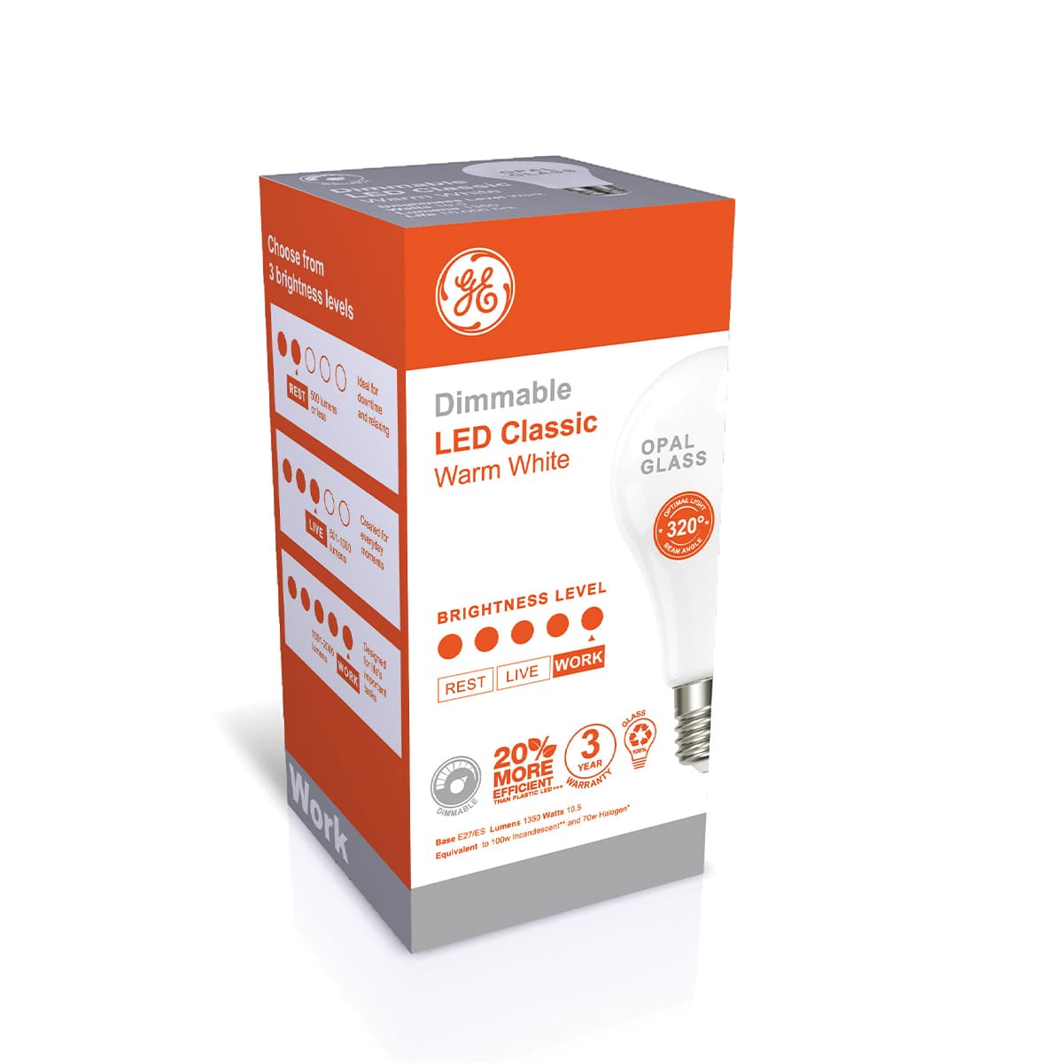 GE 10W Dimmable Opal LED GLS ES Globe in Warm White-img-2