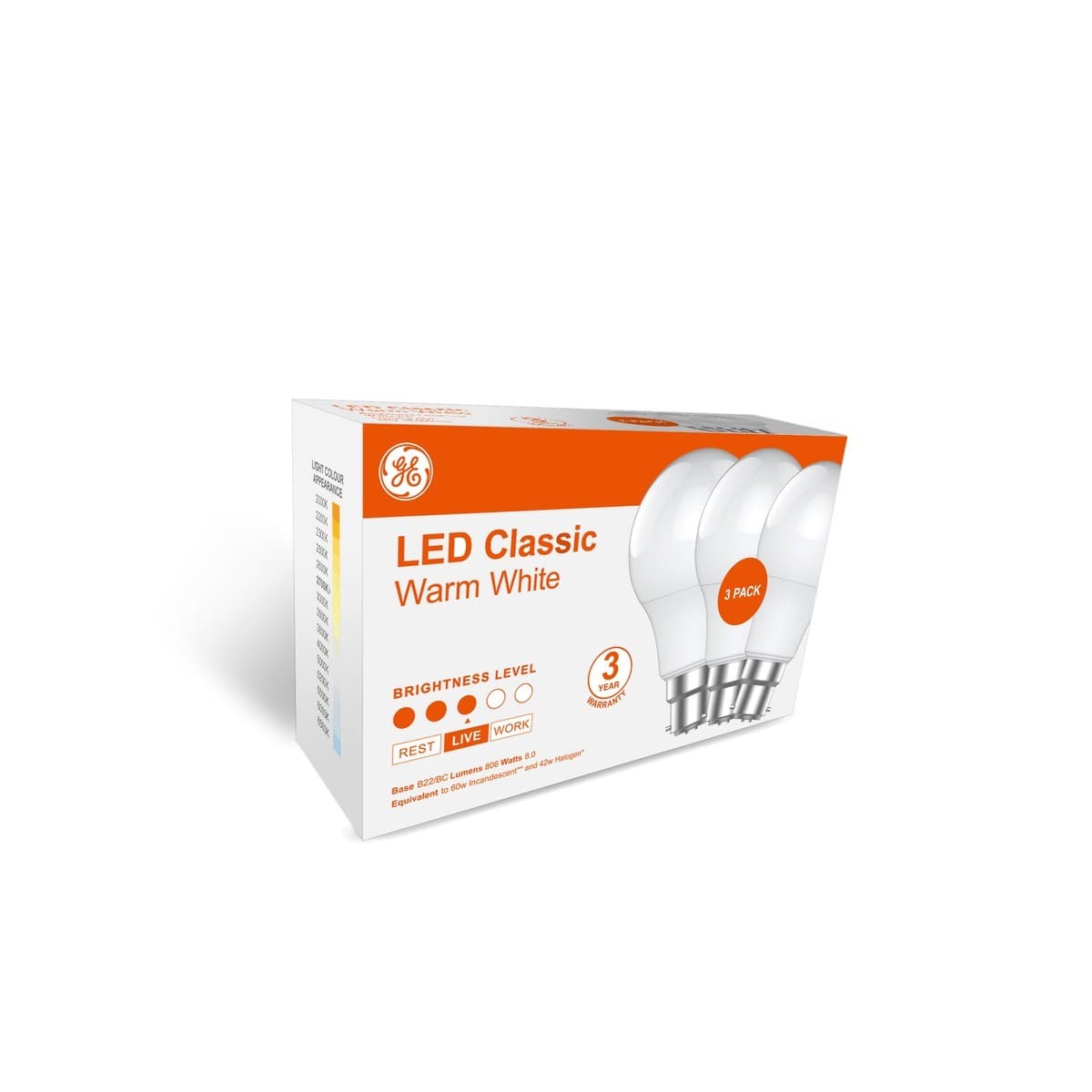 GE Classic 3 Pack 8W BC LED Globe in Warm White-img-2