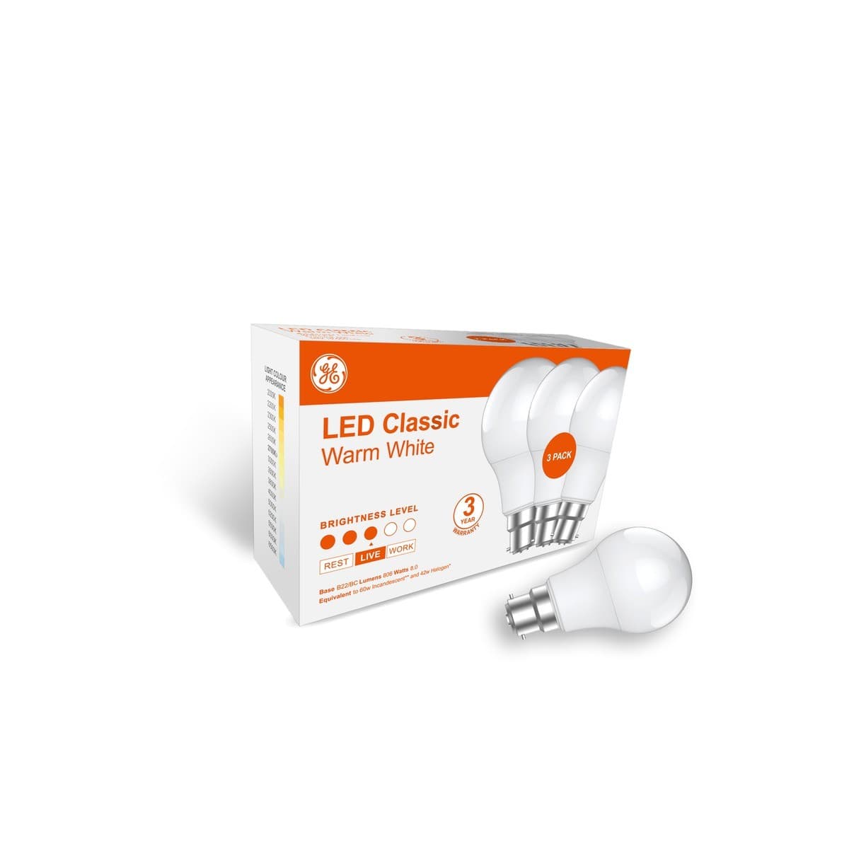 GE Classic 3 Pack 8W BC LED Globe in Warm White-img-3