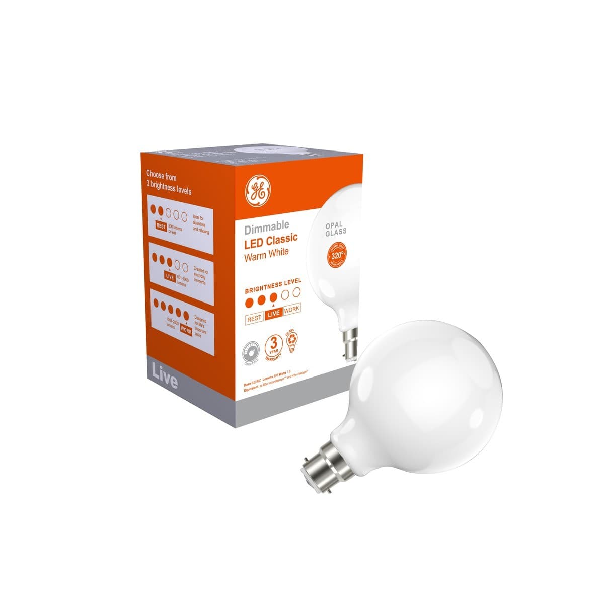 GE 7.6W Glass Opal Dimmable LED G95 BC Globe in Warm White-img-3