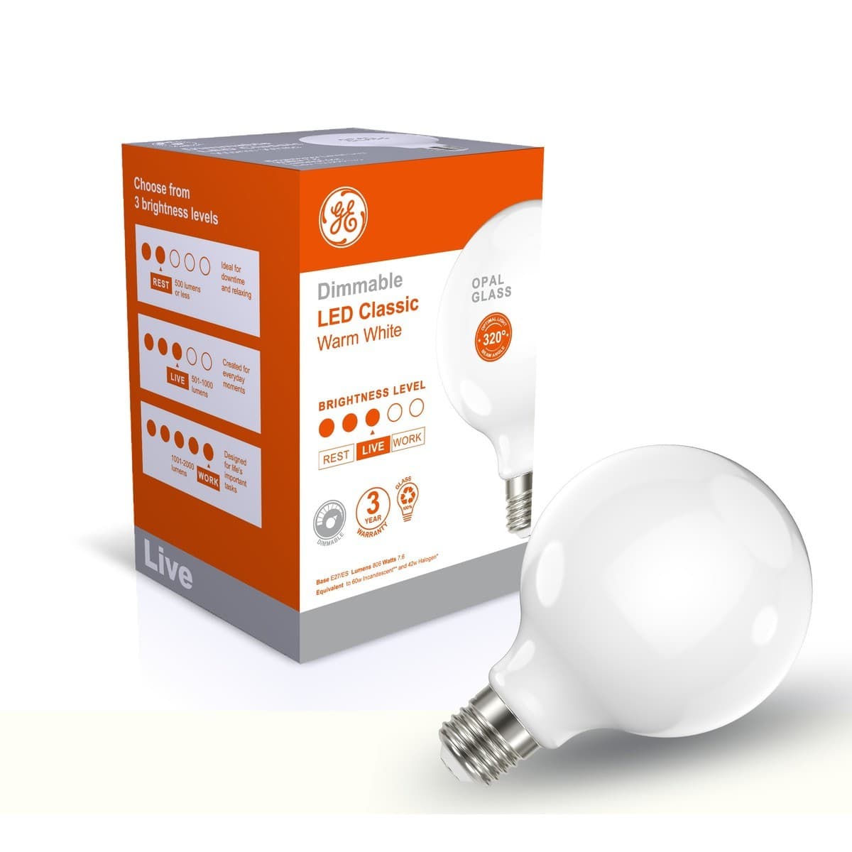 GE 7.6W Glass Opal Dimmable LED G95 ES Globe in Warm White-img-2