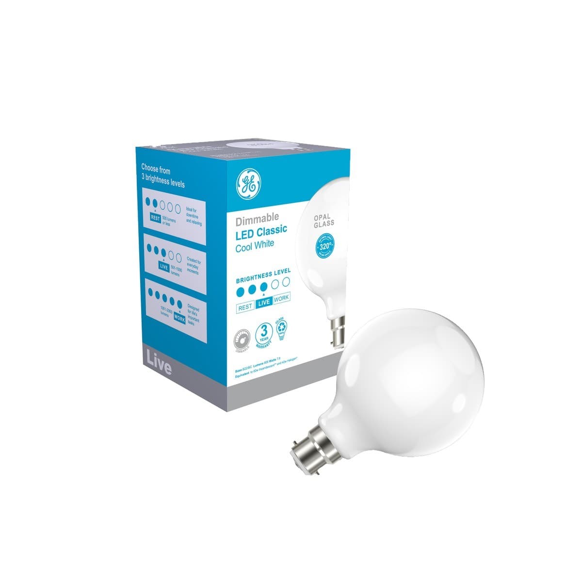 GE 7.6W Glass Opal Dimmable LED G95 BC Globe in Cool White-img-3