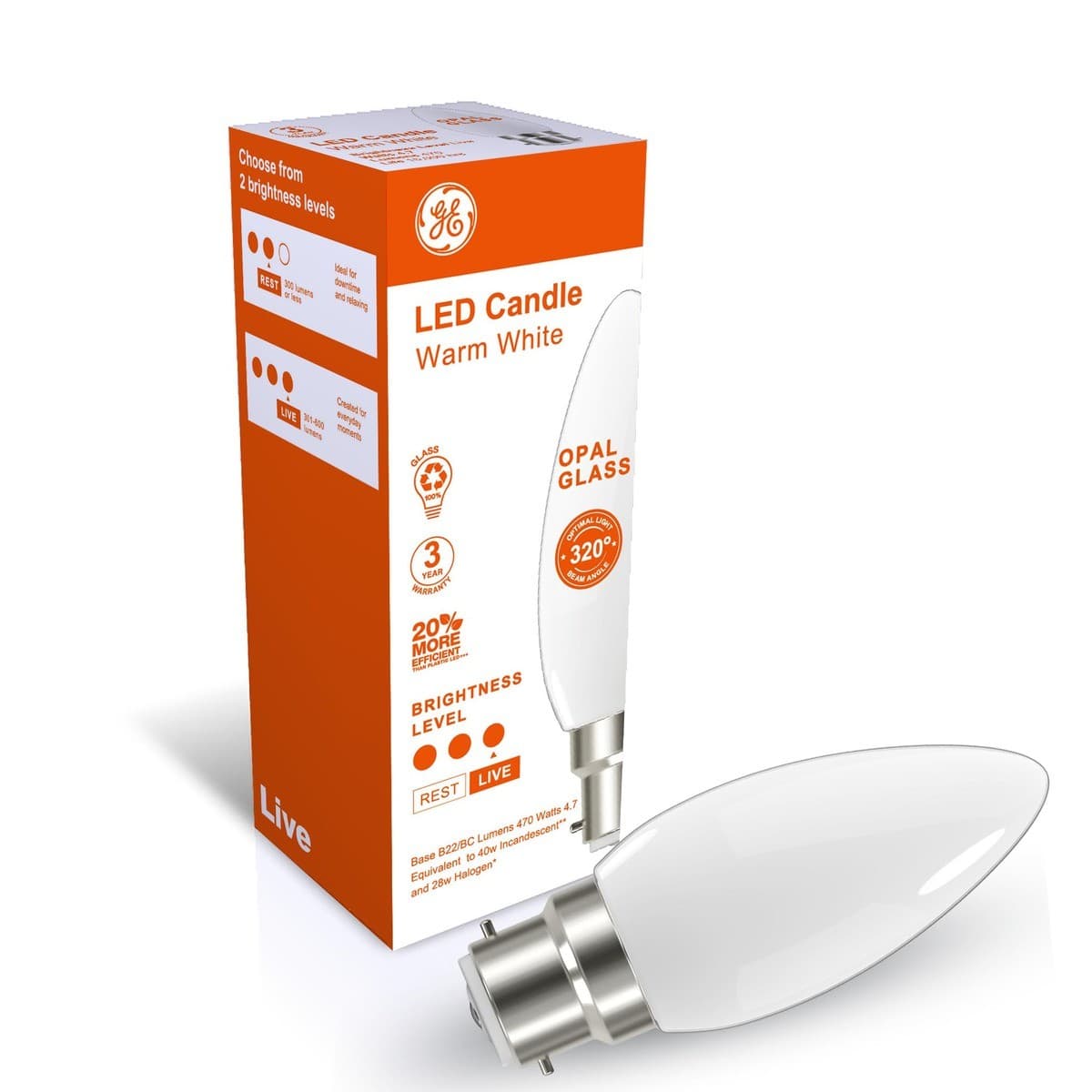 GE 4.7W LED Opal BC Candle Warm White Globe-img-3