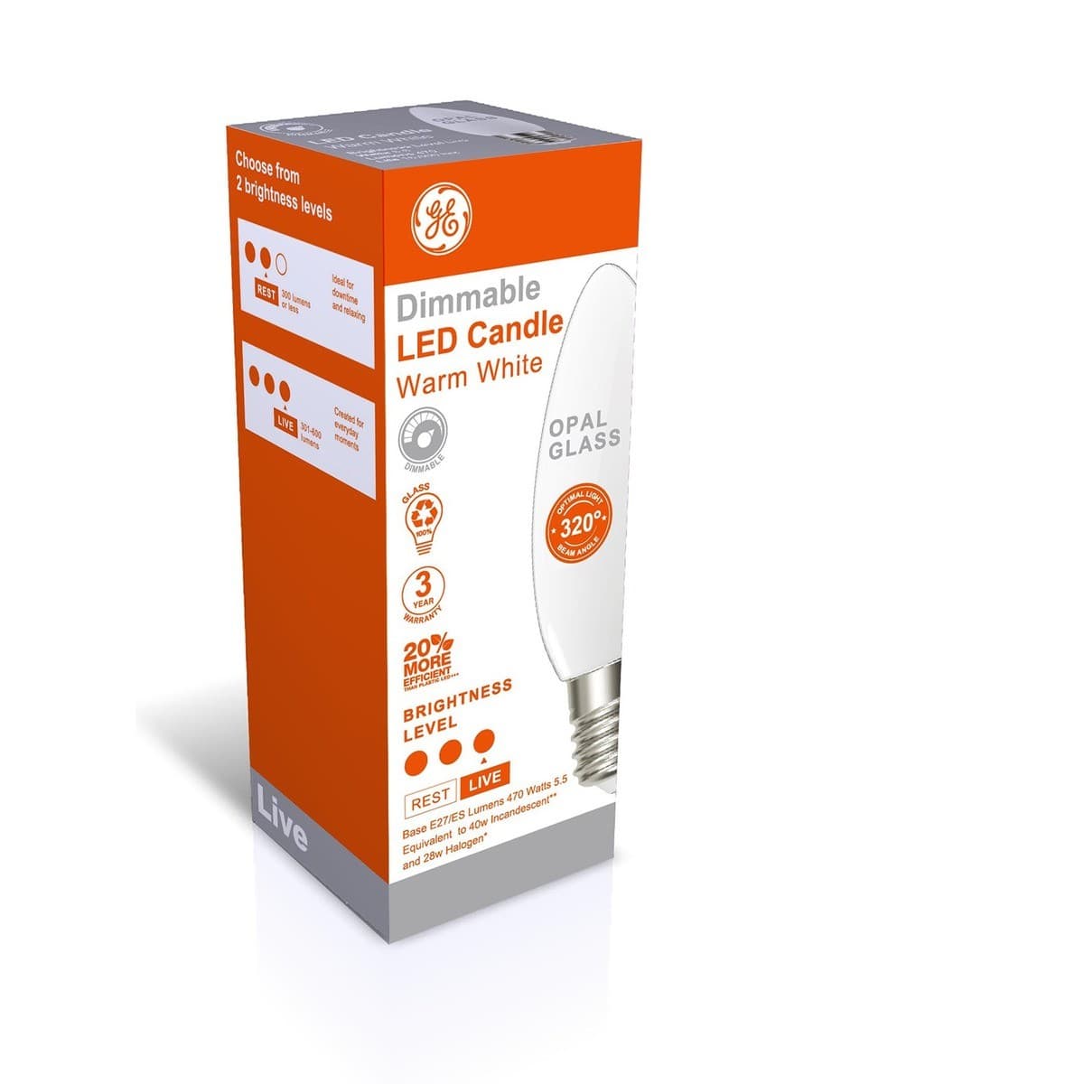 GE 5.5W Dimmable Opal LED Candle ES Globe in Warm White-img-2