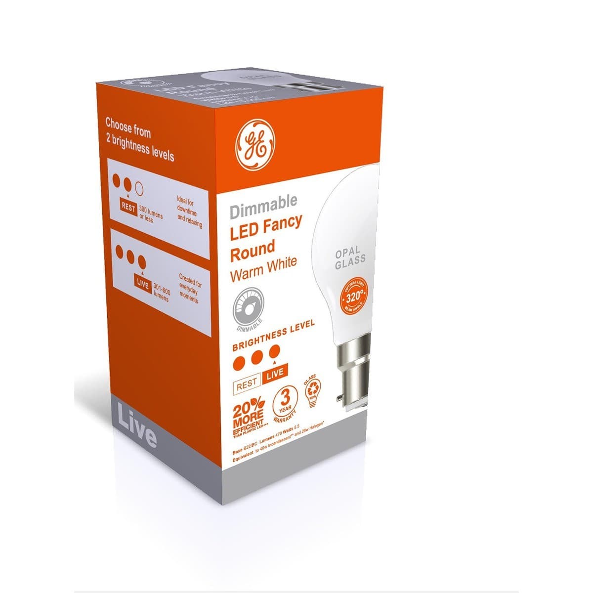 GE 5.5W LED Opal BC Dimmable Fancy Round Warm White Globe-img-2