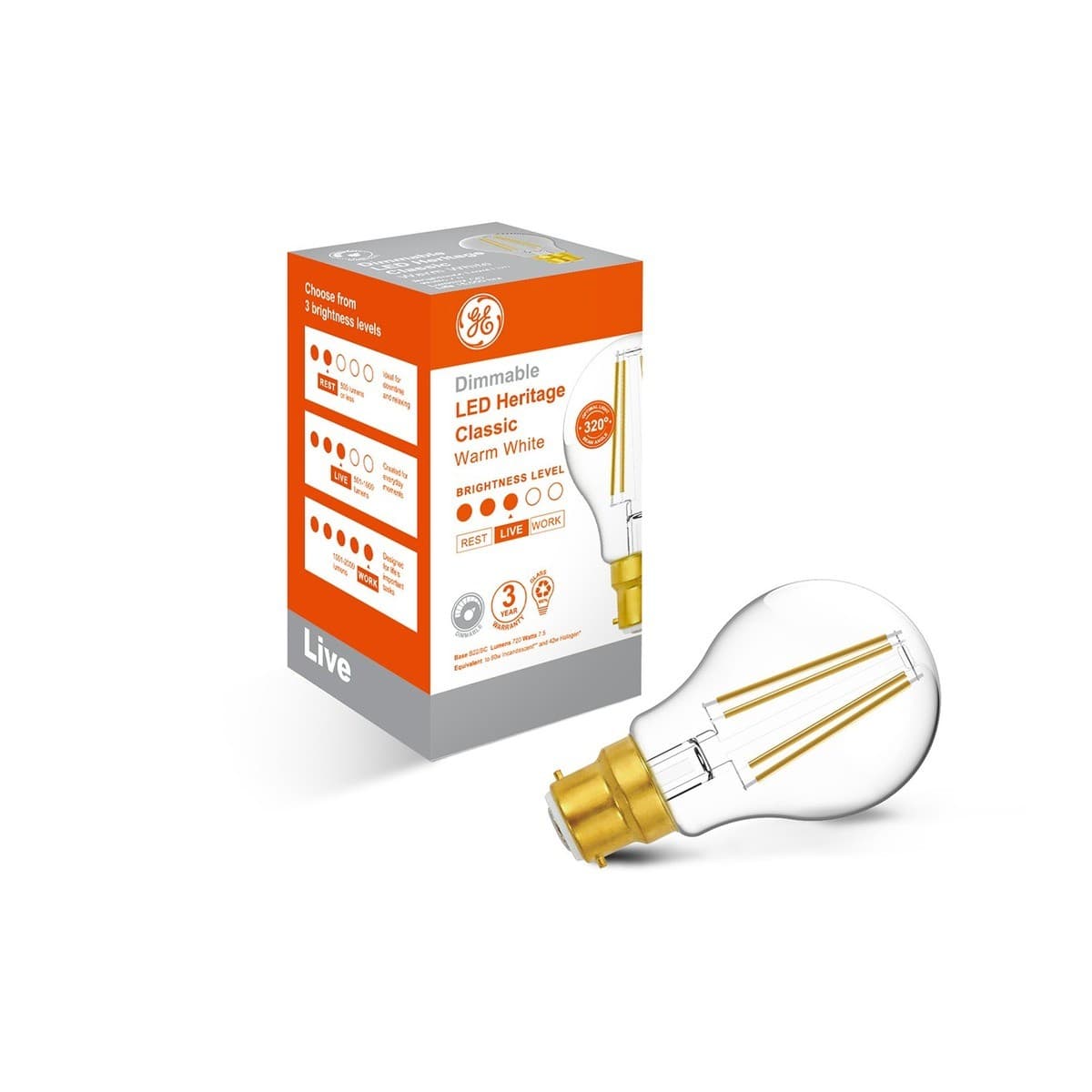 GE 7.5W Heritage LED GLS BC Globe in Warm White-img-1
