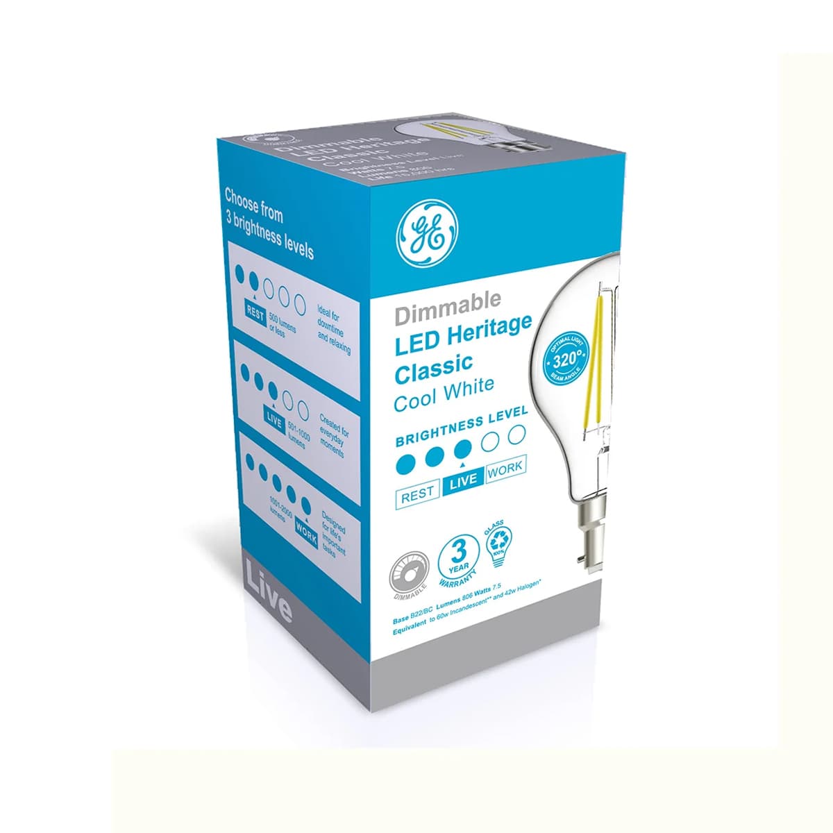 GE 7.5W Heritage Dimmable LED GLS BC Globe in Cool White-img-2