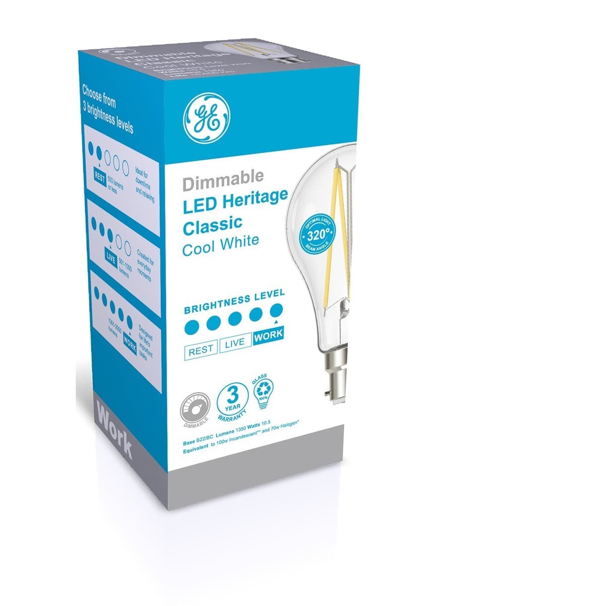 GE 10.5W Heritage Dimmable LED GLS BC Globe in Cool White