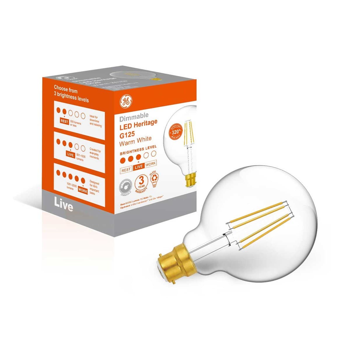 GE 7.5W Heritage Dimmable LED G125 BC Globe in Warm White-img-3