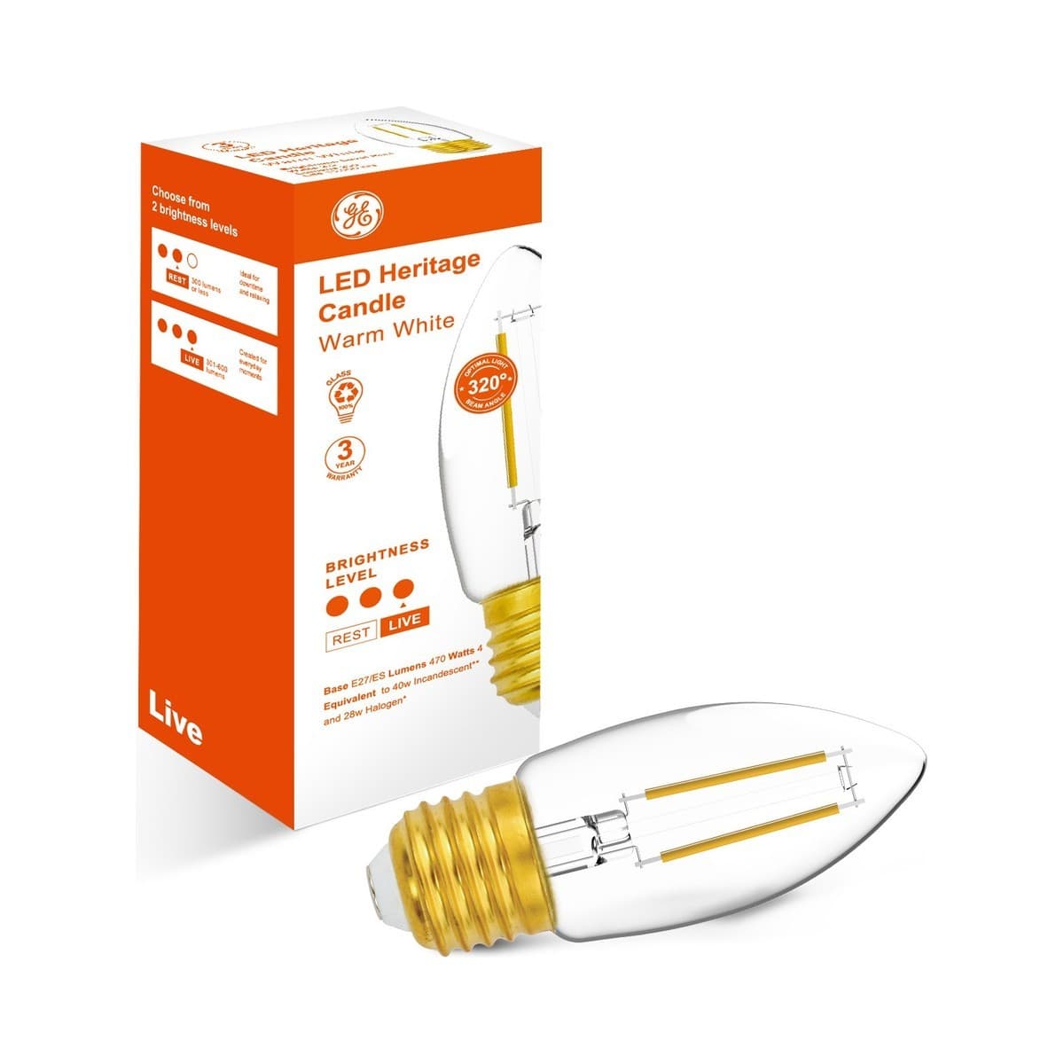 GE 4W Heritage LED Candle ES Globe in Warm White-img-2