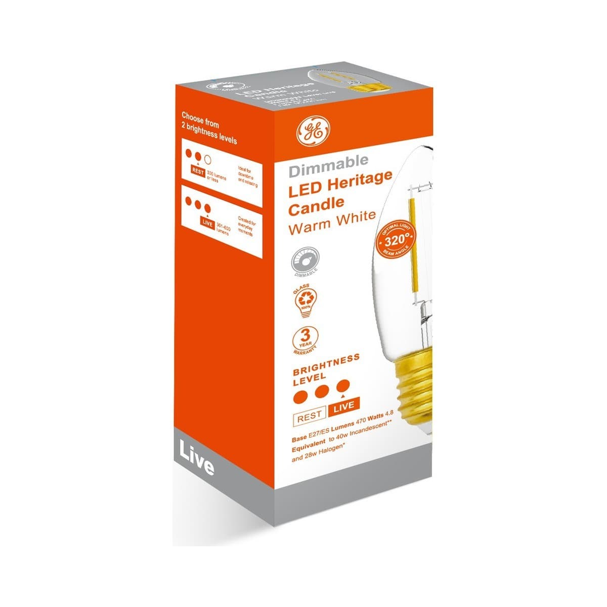 GE 4.8W Heritage Dimmable LED Candle ES Globe in Warm White-img-3