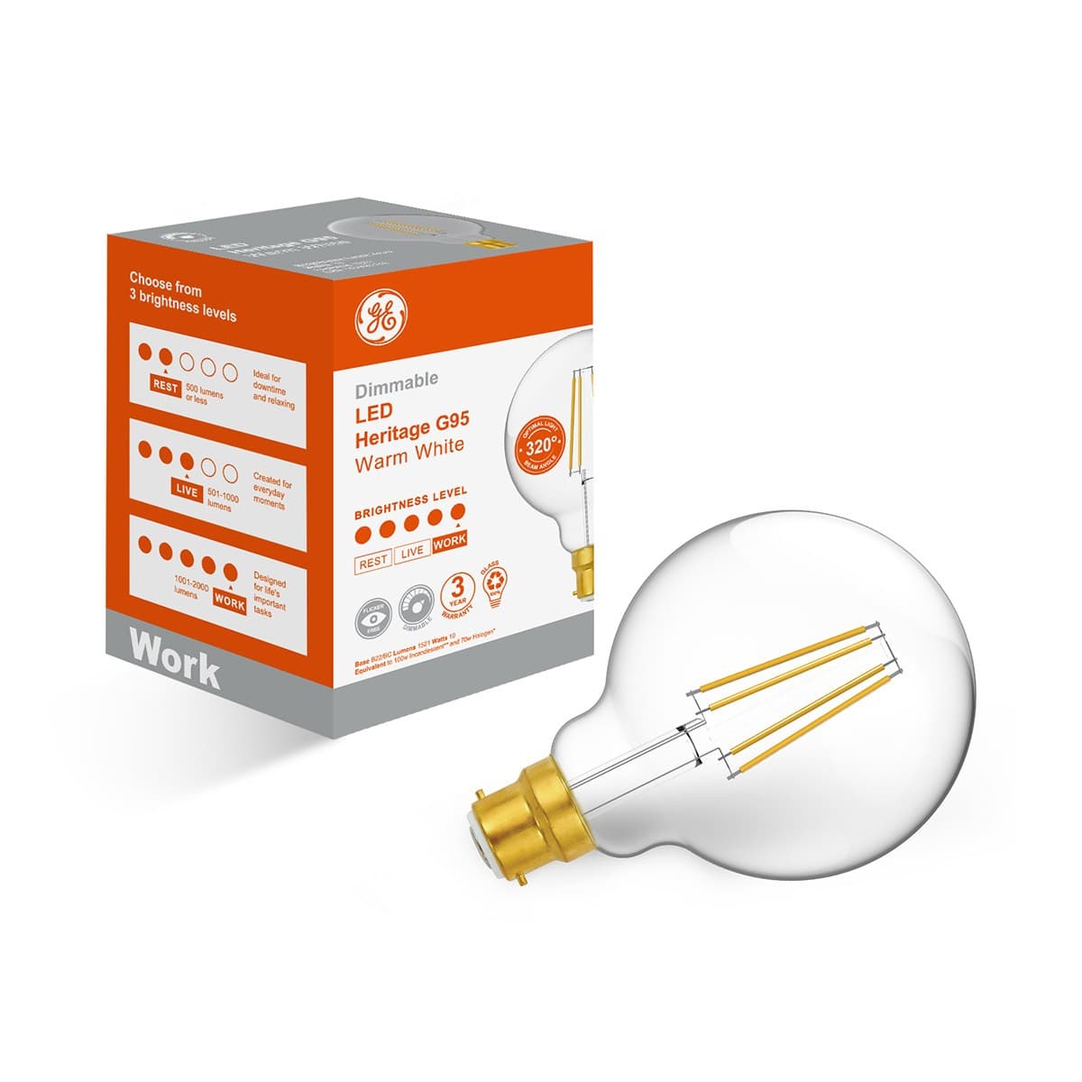 GE 12W Clear Dimmable LED G95 BC Globe in Warm White-img-1