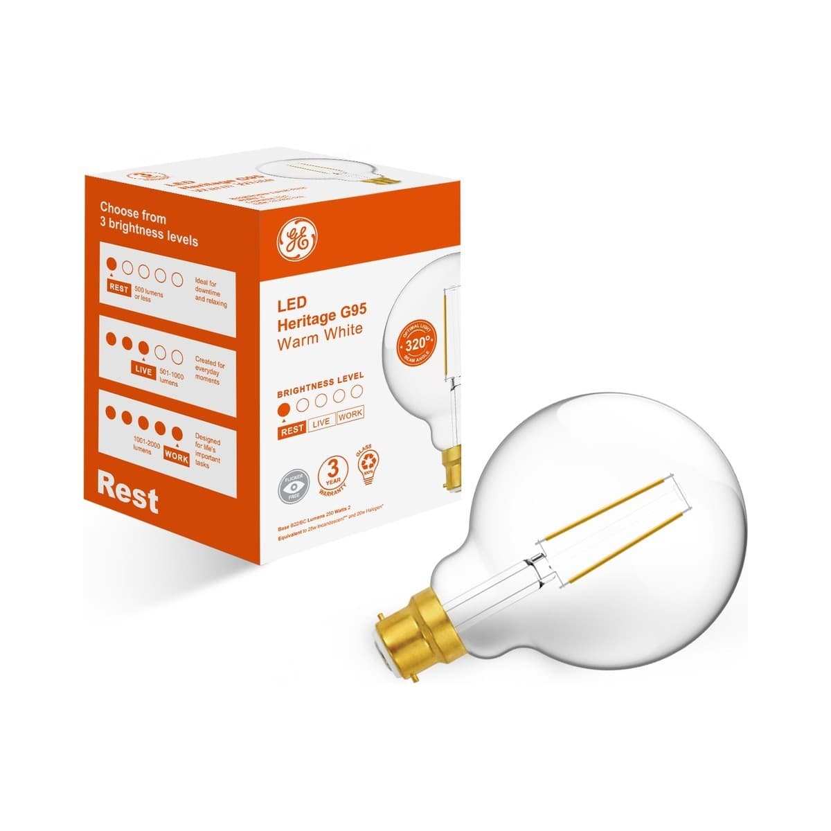 GE 2W Clear LED G95 BC Globe in Warm White-img-1