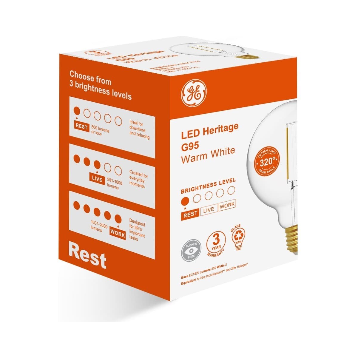 GE 2W Clear LED G95 ES Globe in Warm White